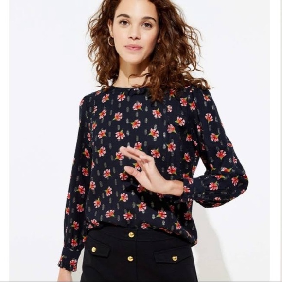 Loft Floral Red and Black Metallic Sparkly Puff Sleeve Blouse Long Sleeve XS - Picture 1 of 11